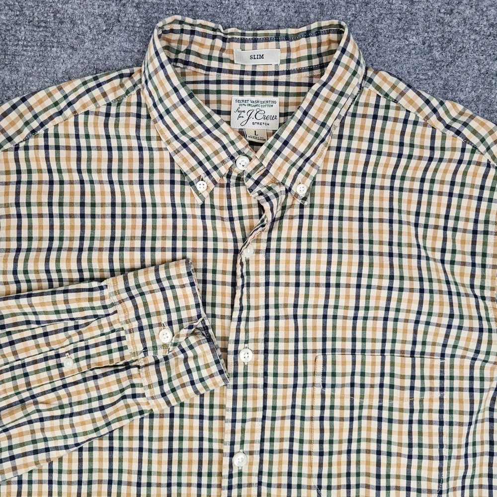 J. Crew Button Down Shirt Mens Large L Multicolor Check Slim Secret Wash Stretch